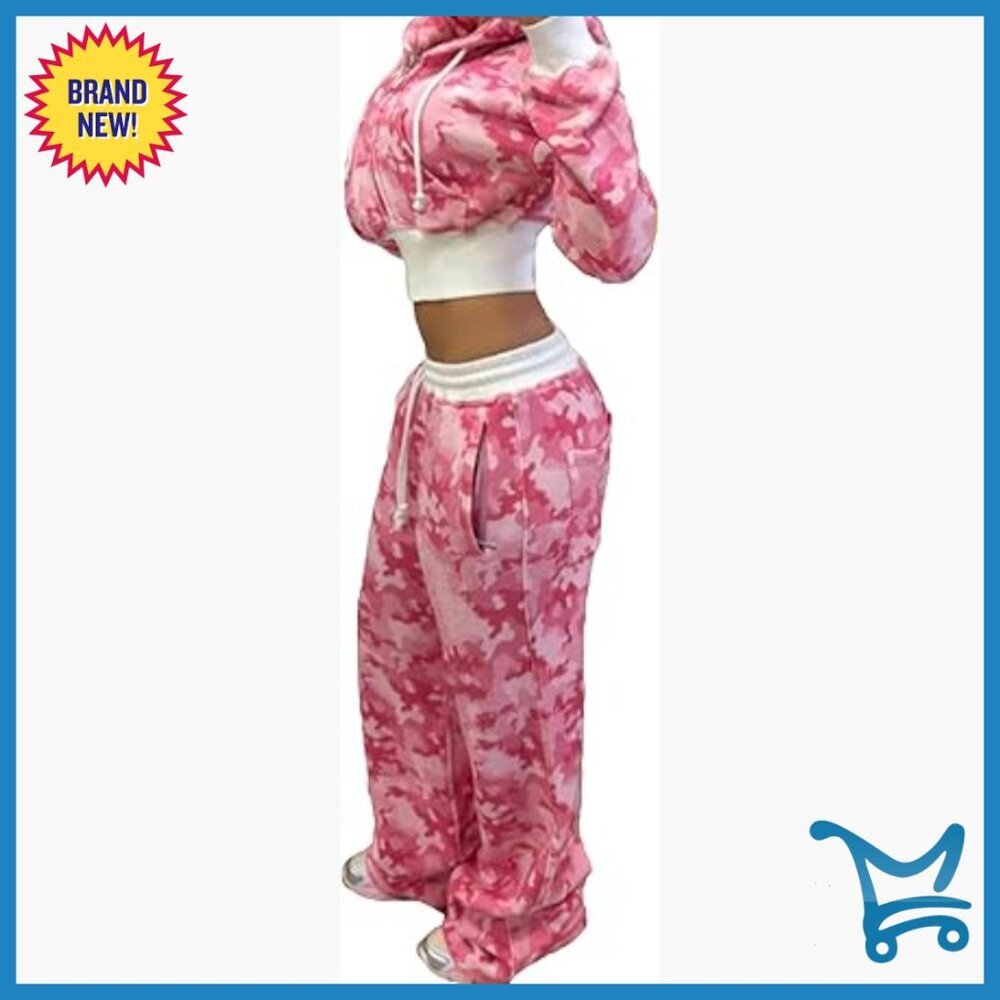 Women's Camo Sweatsuit Set Crop Hoodie Wide Leg Sweatpants Medium